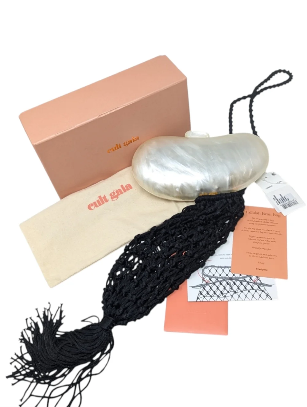 NWT Cult Gaia Tallulah Pearl Clutch with Black Macramé Bag - Picture 15 of 16